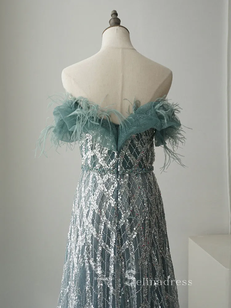 A-line Off-the-shoulder Luxury Sparkly Long Prom Dresses Modest Evening Dresses ASB014