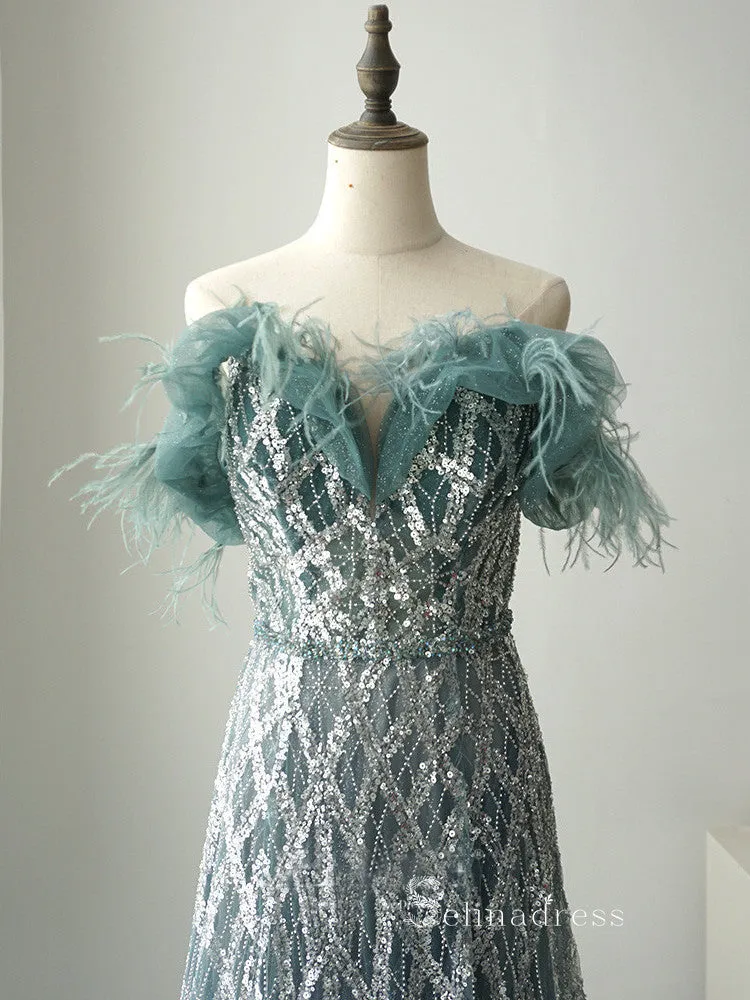 A-line Off-the-shoulder Luxury Sparkly Long Prom Dresses Modest Evening Dresses ASB014