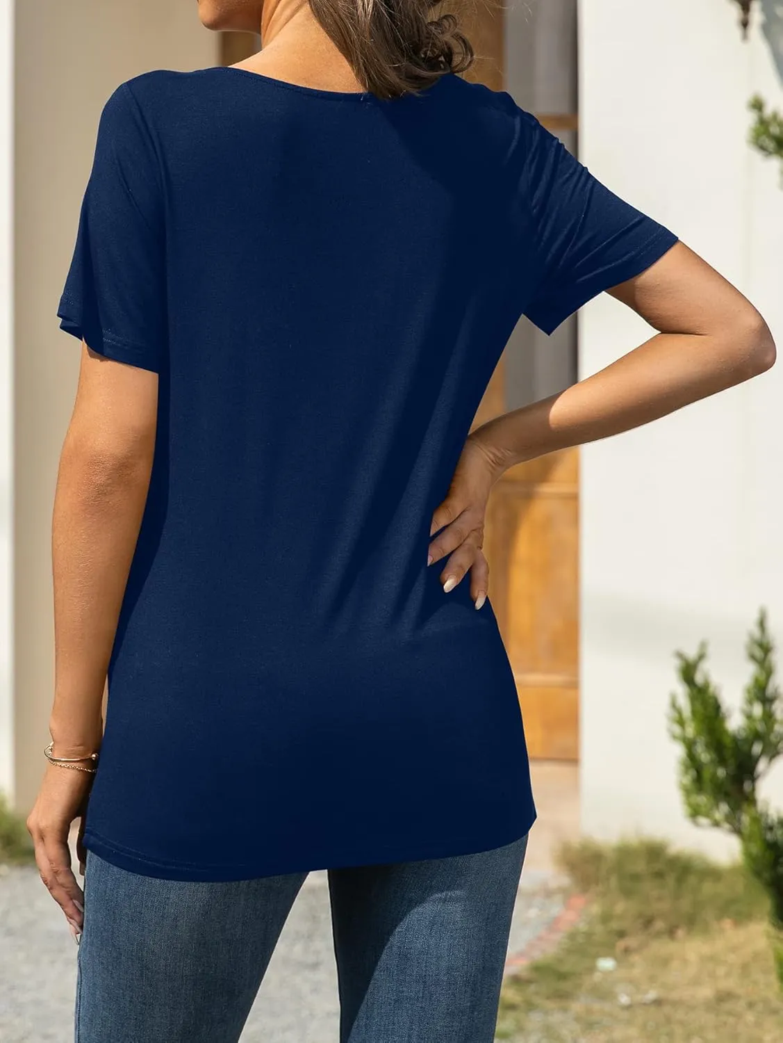 AYIFU Womens Summer Tops Short Sleeve Casual Shirts Asymmetric Neck Color Block Tunic