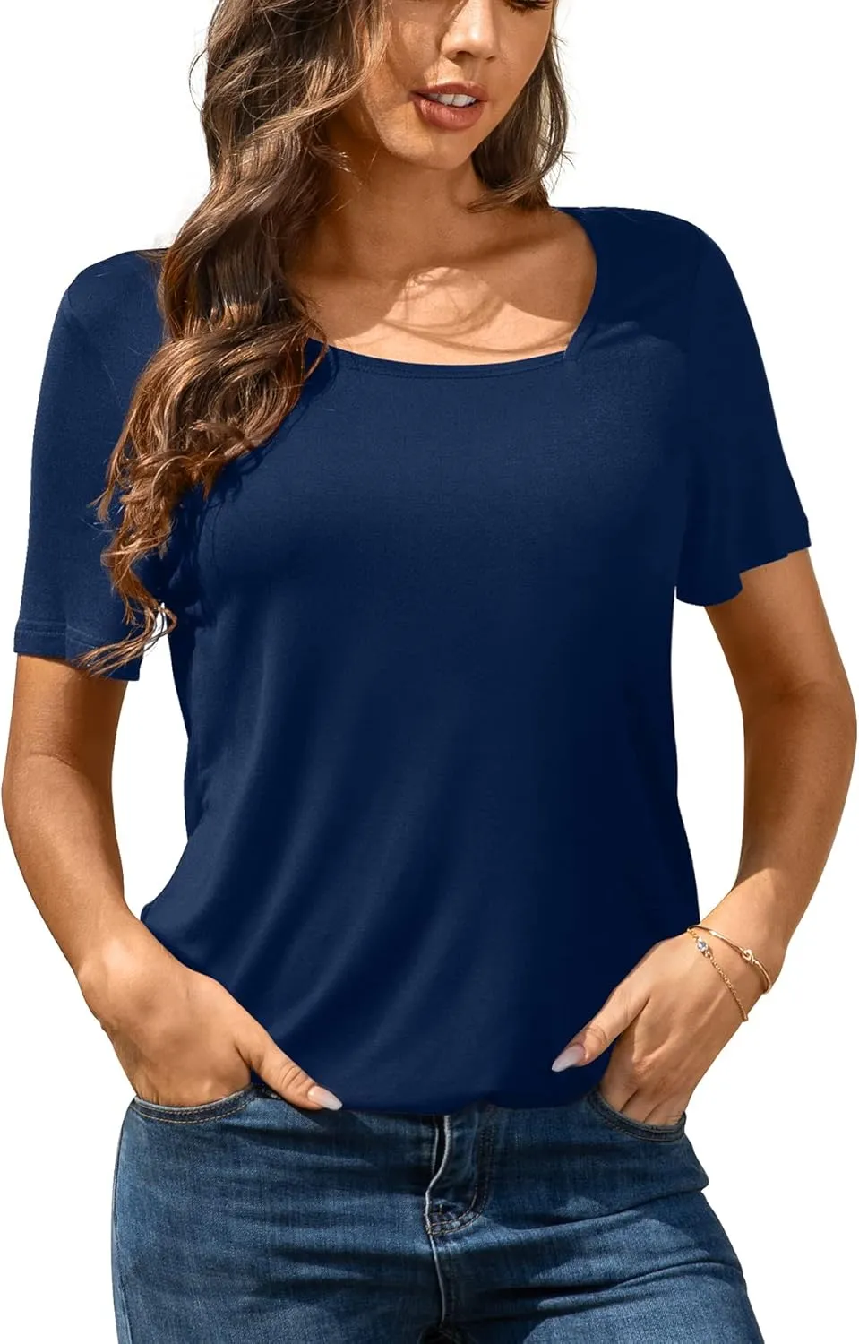 AYIFU Womens Summer Tops Short Sleeve Casual Shirts Asymmetric Neck Color Block Tunic