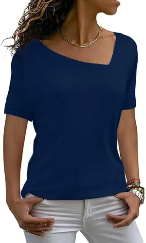 AYIFU Womens Summer Tops Short Sleeve Casual Shirts Asymmetric Neck Color Block Tunic