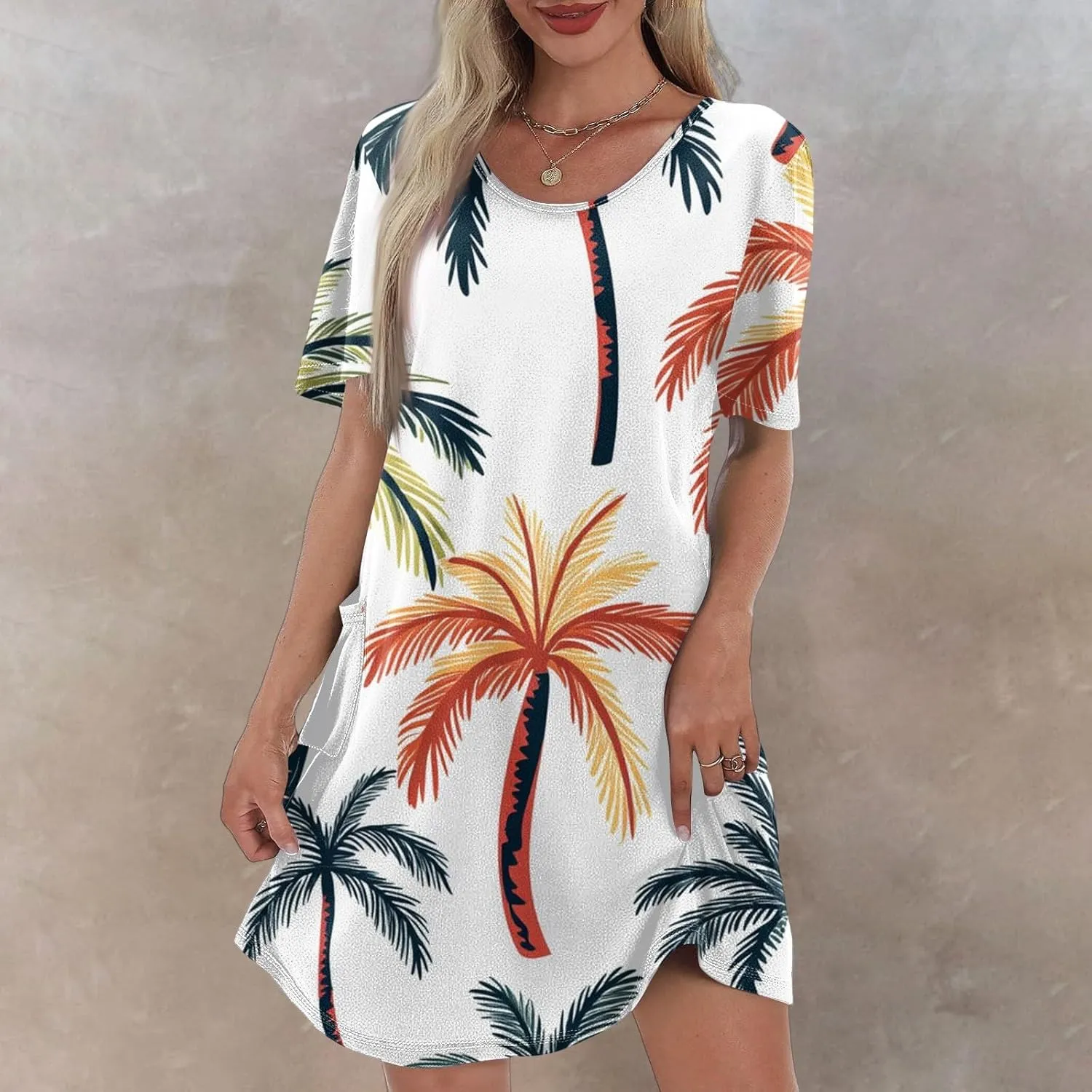 Beach Vacation Clothes for Women Summer Spring Dresses 2025 Middle Sleeve Round Neck Casual Sundress with Pocket