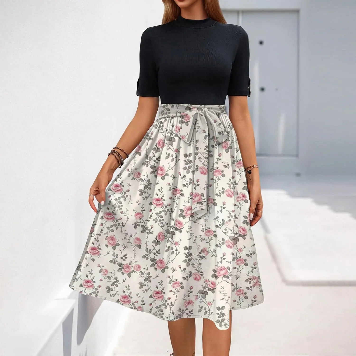 Belted Waist 2025 Women's Floral Dress Short Sleeve Round Neck Casual Chic Sundress with Pockets