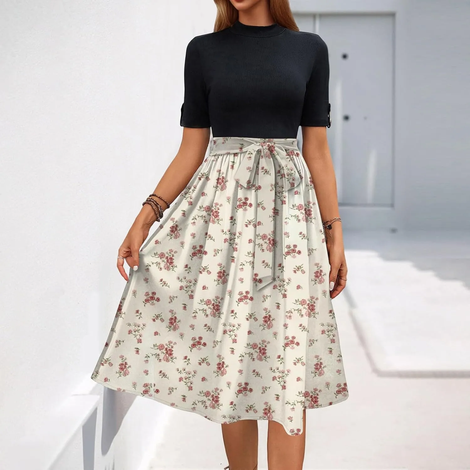 Belted Waist 2025 Women's Floral Dress Short Sleeve Round Neck Casual Chic Sundress with Pockets