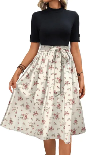 Belted Waist 2025 Women's Floral Dress Short Sleeve Round Neck Casual Chic Sundress with Pockets