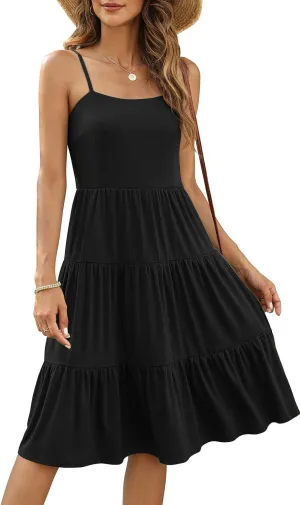 Berydress Womens Summer Dresses Spaghetti Strap Tiered Midi Dress Wedding Guest Ruffle Cotton Black Casual Beach Sun Dress