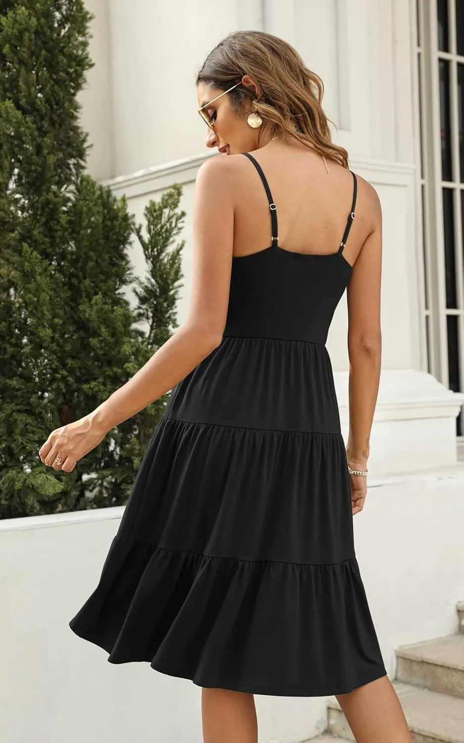 Berydress Womens Summer Dresses Spaghetti Strap Tiered Midi Dress Wedding Guest Ruffle Cotton Black Casual Beach Sun Dress