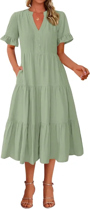 BTFBM Summer Dresses for Women 2025 Vacation V Neck Ruffle Short Sleeve A Line Tiered Flowy Casual Midi Beach Dress