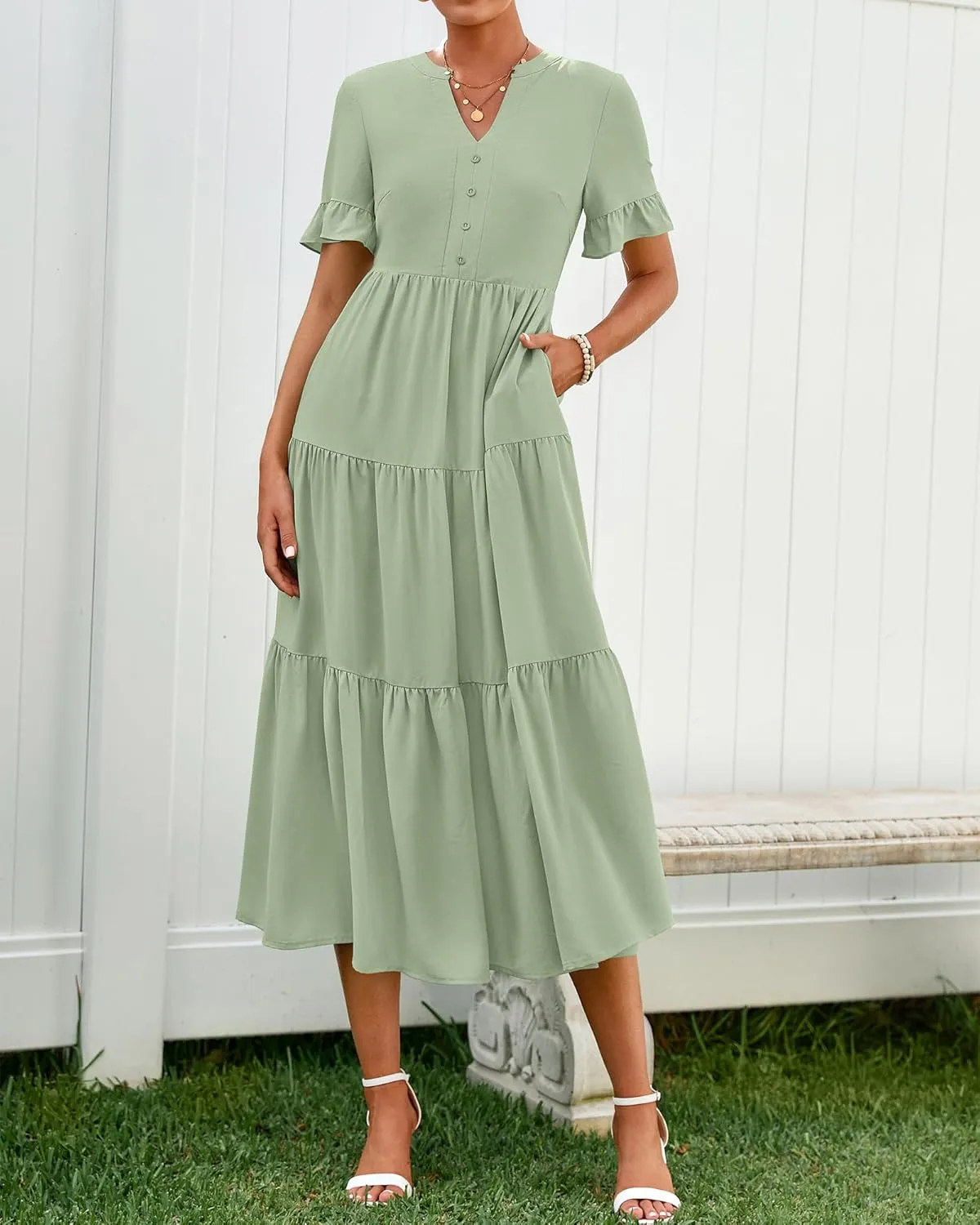 BTFBM Summer Dresses for Women 2025 Vacation V Neck Ruffle Short Sleeve A Line Tiered Flowy Casual Midi Beach Dress