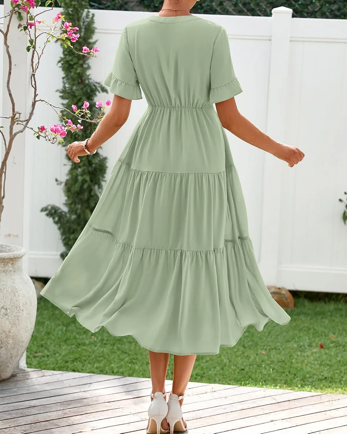 BTFBM Summer Dresses for Women 2025 Vacation V Neck Ruffle Short Sleeve A Line Tiered Flowy Casual Midi Beach Dress