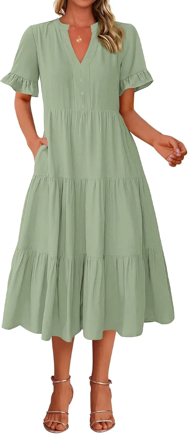 BTFBM Summer Dresses for Women 2025 Vacation V Neck Ruffle Short Sleeve A Line Tiered Flowy Casual Midi Beach Dress