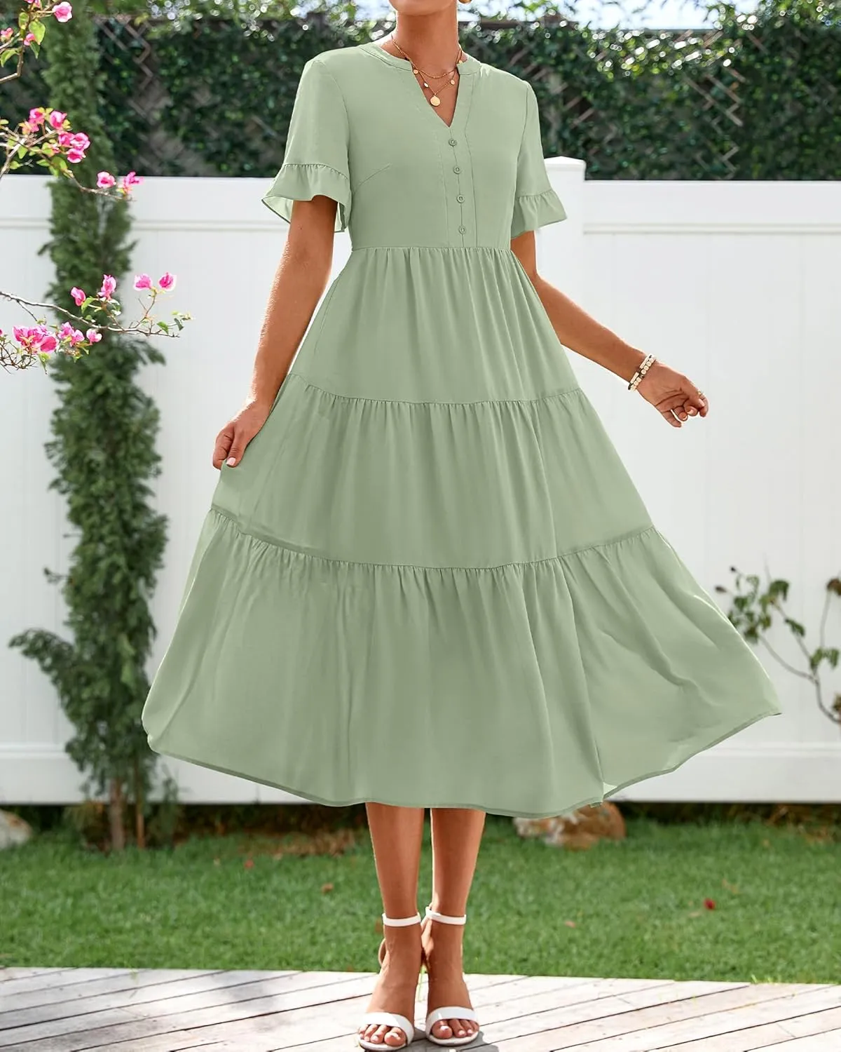 BTFBM Summer Dresses for Women 2025 Vacation V Neck Ruffle Short Sleeve A Line Tiered Flowy Casual Midi Beach Dress