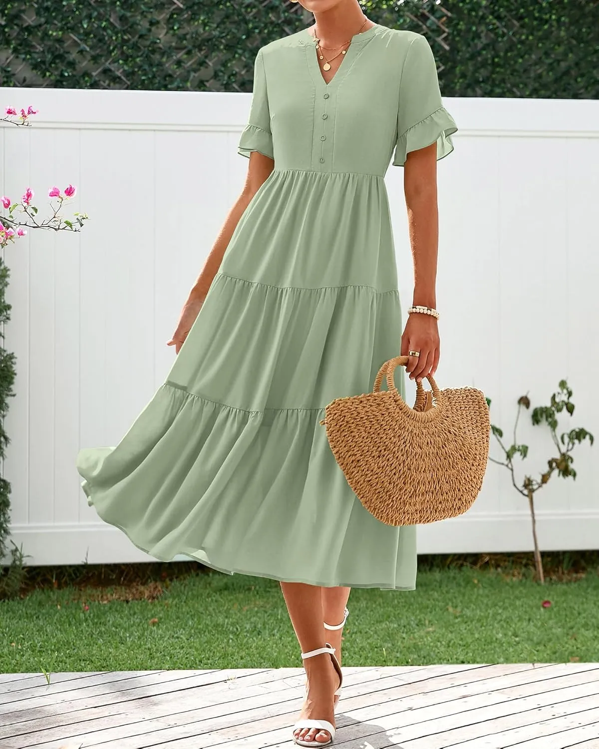 BTFBM Summer Dresses for Women 2025 Vacation V Neck Ruffle Short Sleeve A Line Tiered Flowy Casual Midi Beach Dress