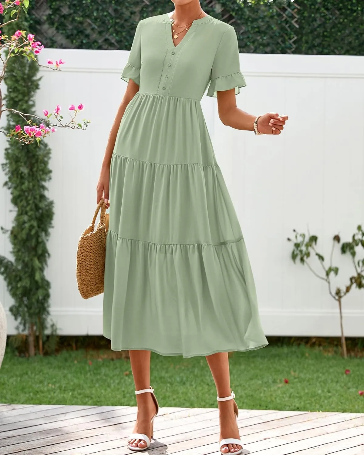 BTFBM Summer Dresses for Women 2025 Vacation V Neck Ruffle Short Sleeve A Line Tiered Flowy Casual Midi Beach Dress