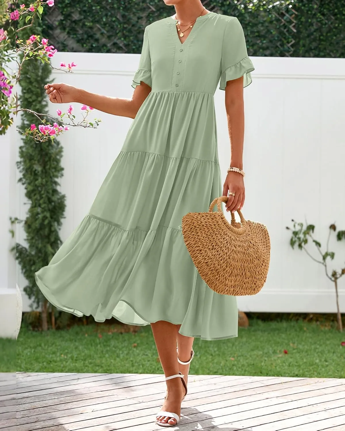 BTFBM Summer Dresses for Women 2025 Vacation V Neck Ruffle Short Sleeve A Line Tiered Flowy Casual Midi Beach Dress