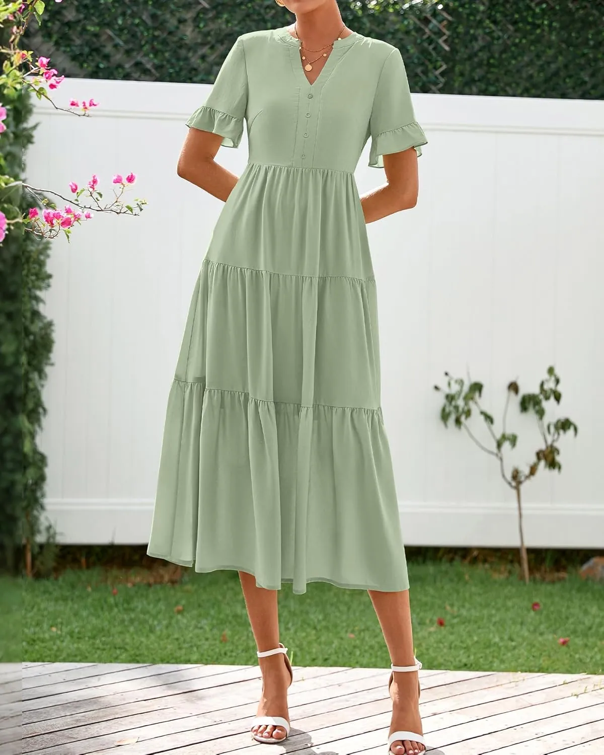 BTFBM Summer Dresses for Women 2025 Vacation V Neck Ruffle Short Sleeve A Line Tiered Flowy Casual Midi Beach Dress