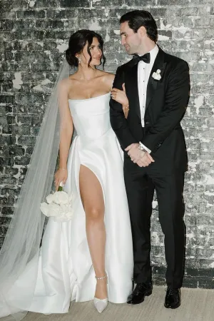 Charming A-Line Strapless White Satin Wedding Dresses with Slit VK24040503