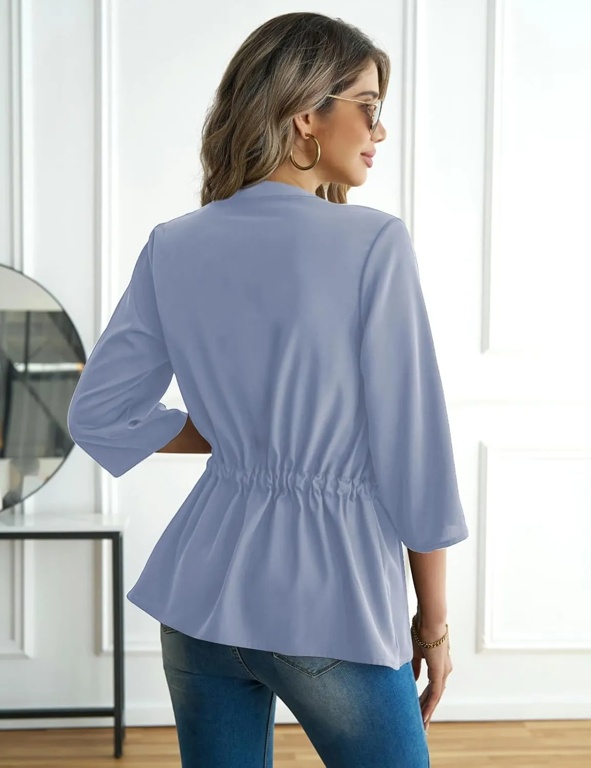 CiCiBird Womens Dressy 3/4 Sleeve Shirt Casual Zip Blouse Work Business Peplum Tops