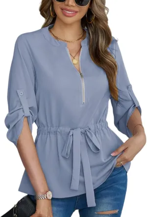 CiCiBird Womens Dressy 3/4 Sleeve Shirt Casual Zip Blouse Work Business Peplum Tops