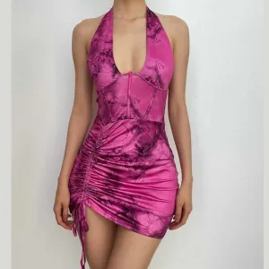 Contrast print halter drawstring backless corset ruched mini dress