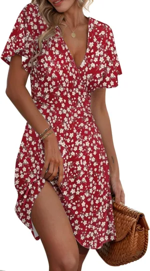 ETCYY NEW Womens Summer Dresses Slant Open V Neck Floral Printed Sundresses Flowy Dress Short Sleeve