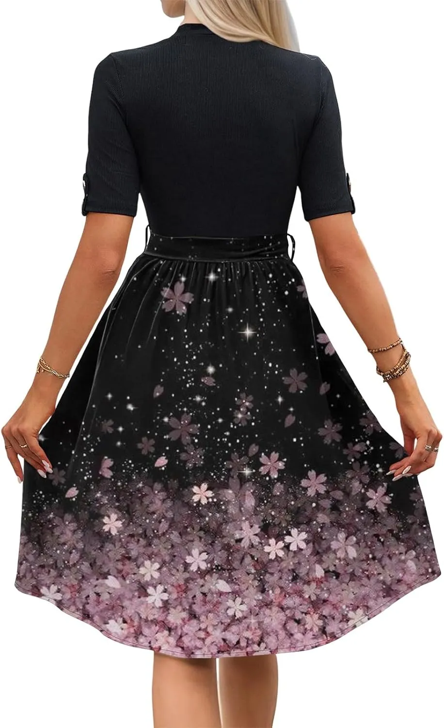 Floral Dresses Flowy Short Sleeve Empire Waist Summer Crewneck Midi Length Fashion Belted Sundresses for Women