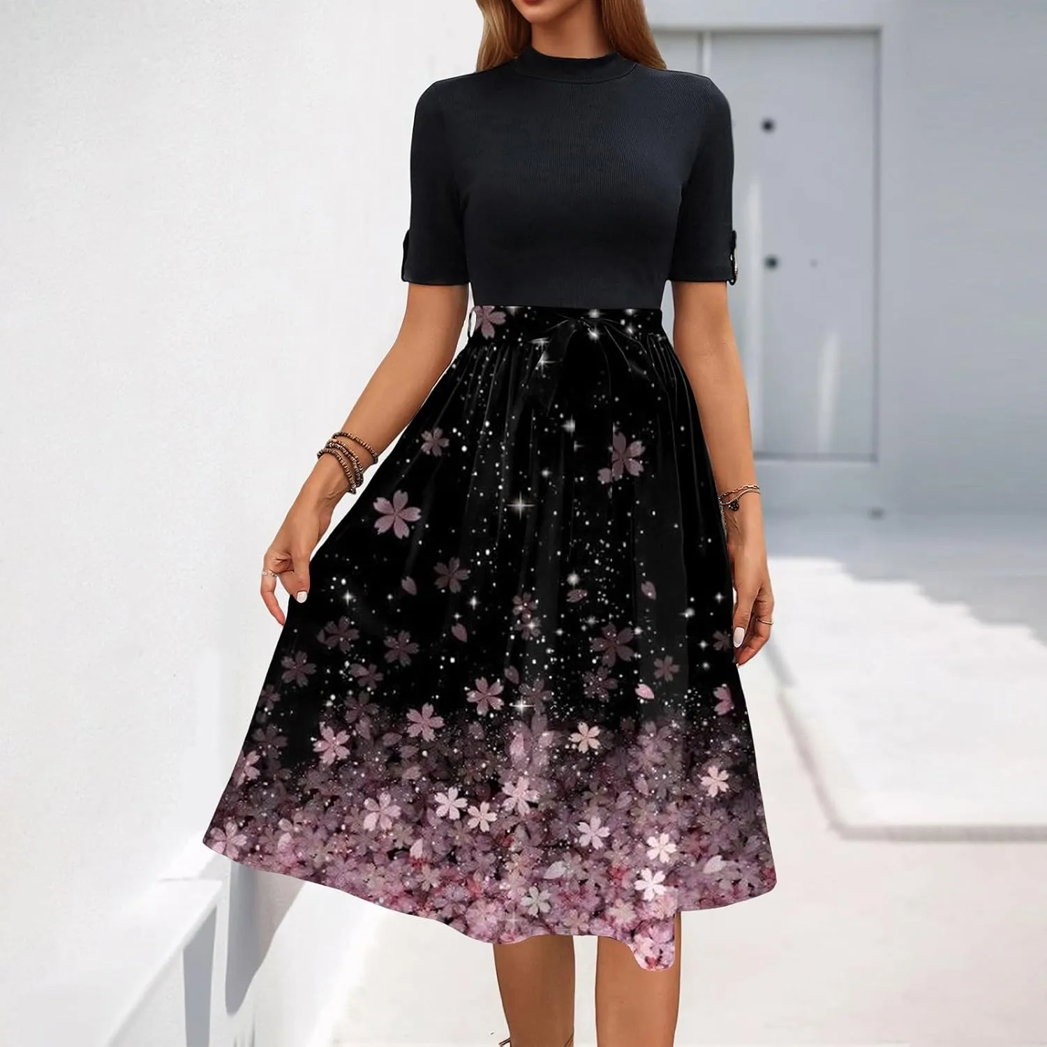 Floral Dresses Flowy Short Sleeve Empire Waist Summer Crewneck Midi Length Fashion Belted Sundresses for Women