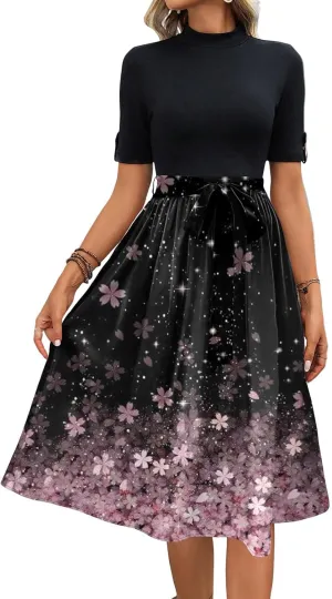 Floral Dresses Flowy Short Sleeve Empire Waist Summer Crewneck Midi Length Fashion Belted Sundresses for Women