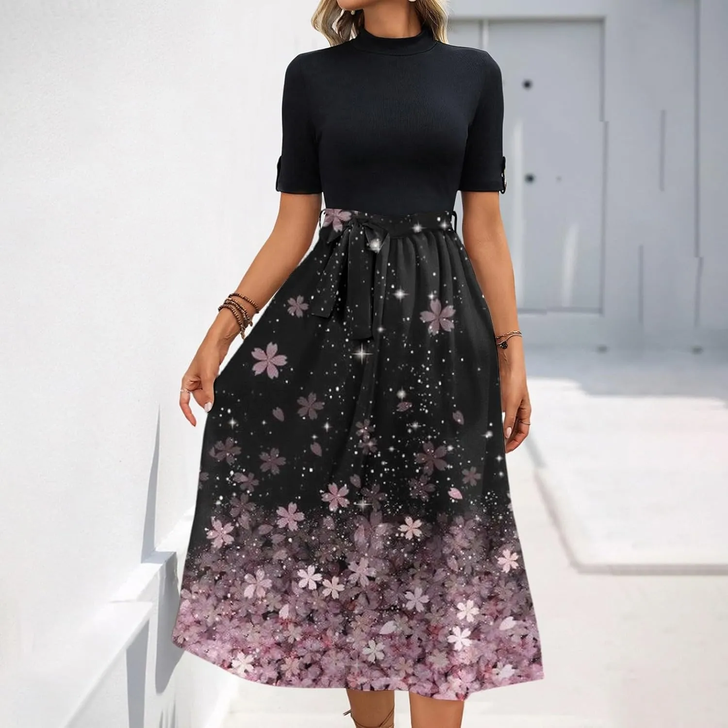 Floral Dresses Flowy Short Sleeve Empire Waist Summer Crewneck Midi Length Fashion Belted Sundresses for Women