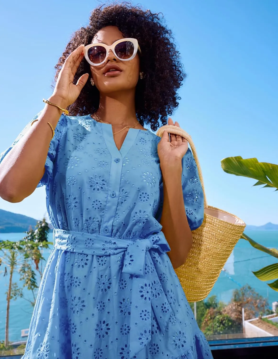 GRACE KARIN Womens Eyelet Vacation Dress Summer Casual A-line Mini Sundress Puff Sleeve Tie V Neck Ruffle Short Beach Dress