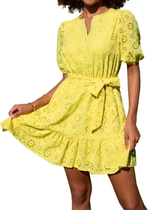 GRACE KARIN Womens Eyelet Vacation Dress Summer Casual A-line Mini Sundress Puff Sleeve Tie V Neck Ruffle Short Beach Dress