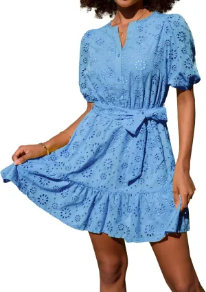 GRACE KARIN Womens Eyelet Vacation Dress Summer Casual A-line Mini Sundress Puff Sleeve Tie V Neck Ruffle Short Beach Dress