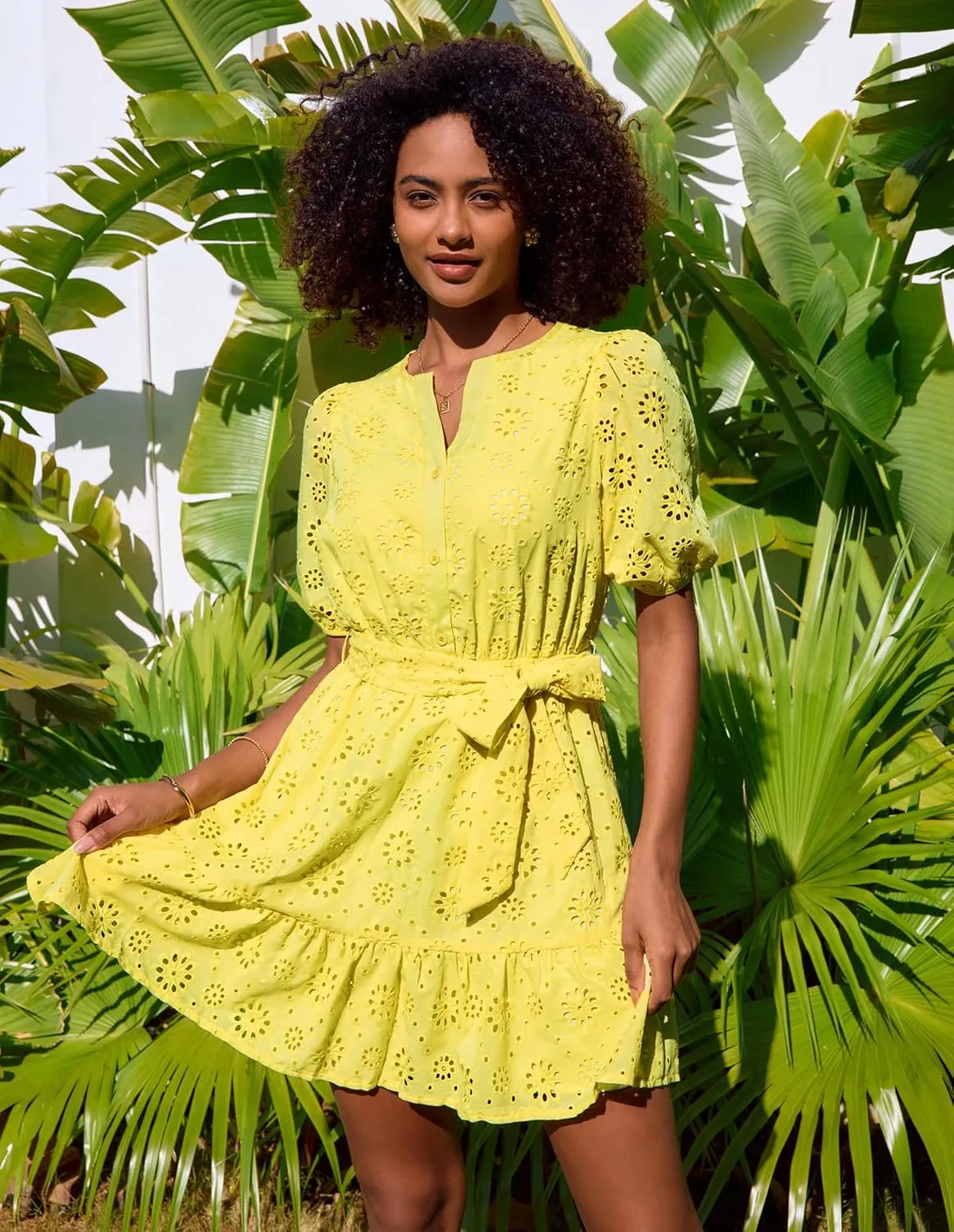 GRACE KARIN Womens Eyelet Vacation Dress Summer Casual A-line Mini Sundress Puff Sleeve Tie V Neck Ruffle Short Beach Dress