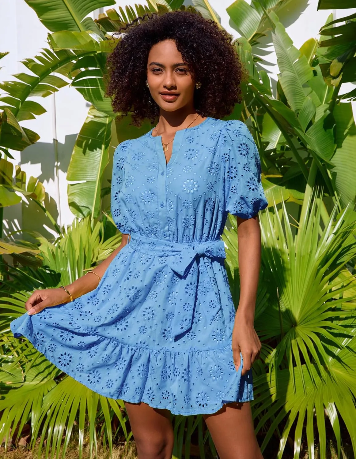 GRACE KARIN Womens Eyelet Vacation Dress Summer Casual A-line Mini Sundress Puff Sleeve Tie V Neck Ruffle Short Beach Dress
