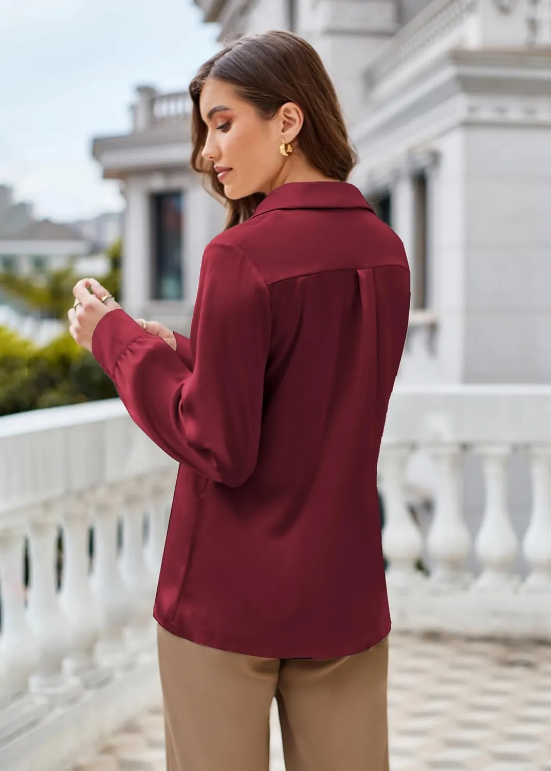 GRACE KARIN Women's Satin Silk Blouse Lapel V Neck Long Sleeve Casual Work Blouse Shirts Pullover Tops