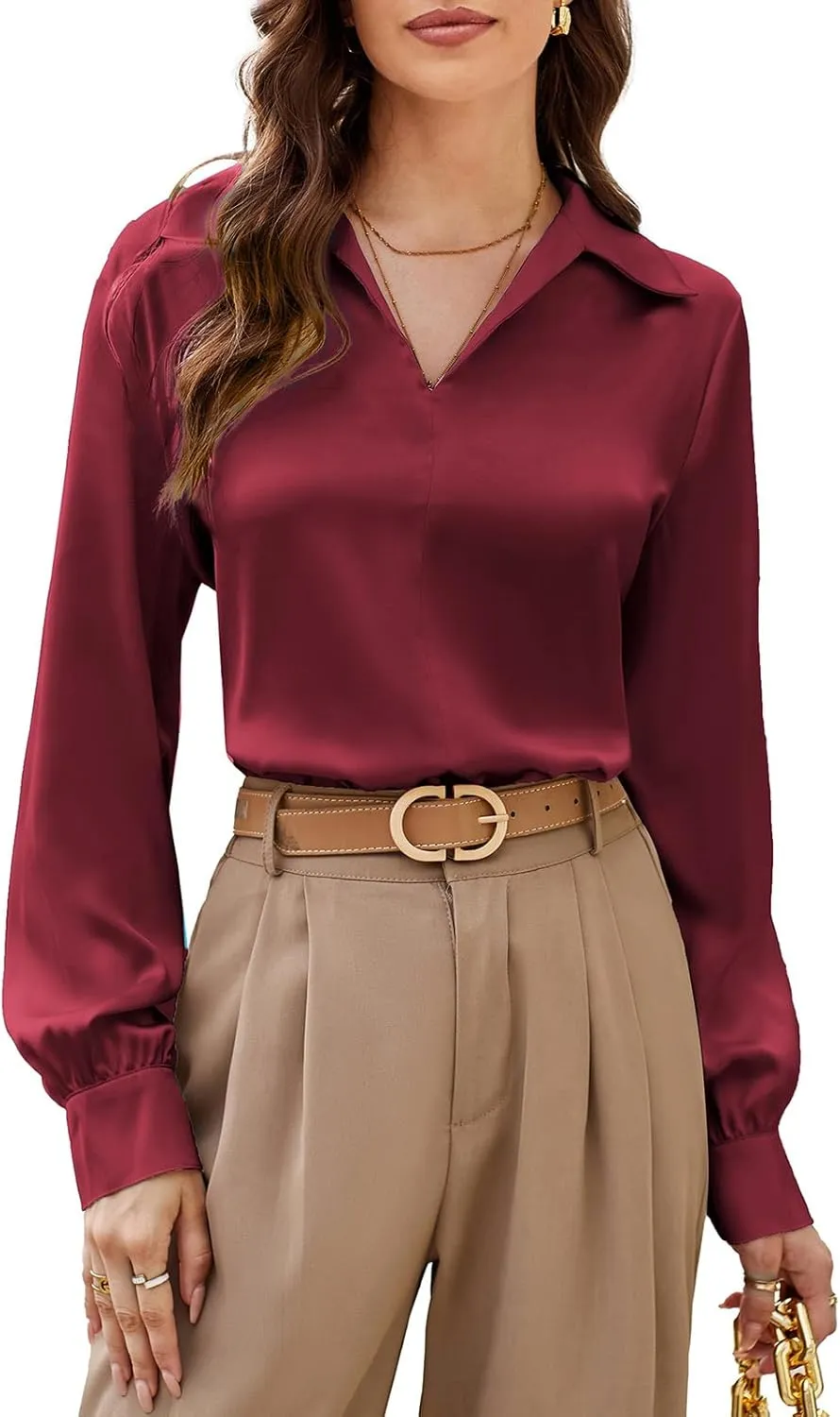 GRACE KARIN Women's Satin Silk Blouse Lapel V Neck Long Sleeve Casual Work Blouse Shirts Pullover Tops