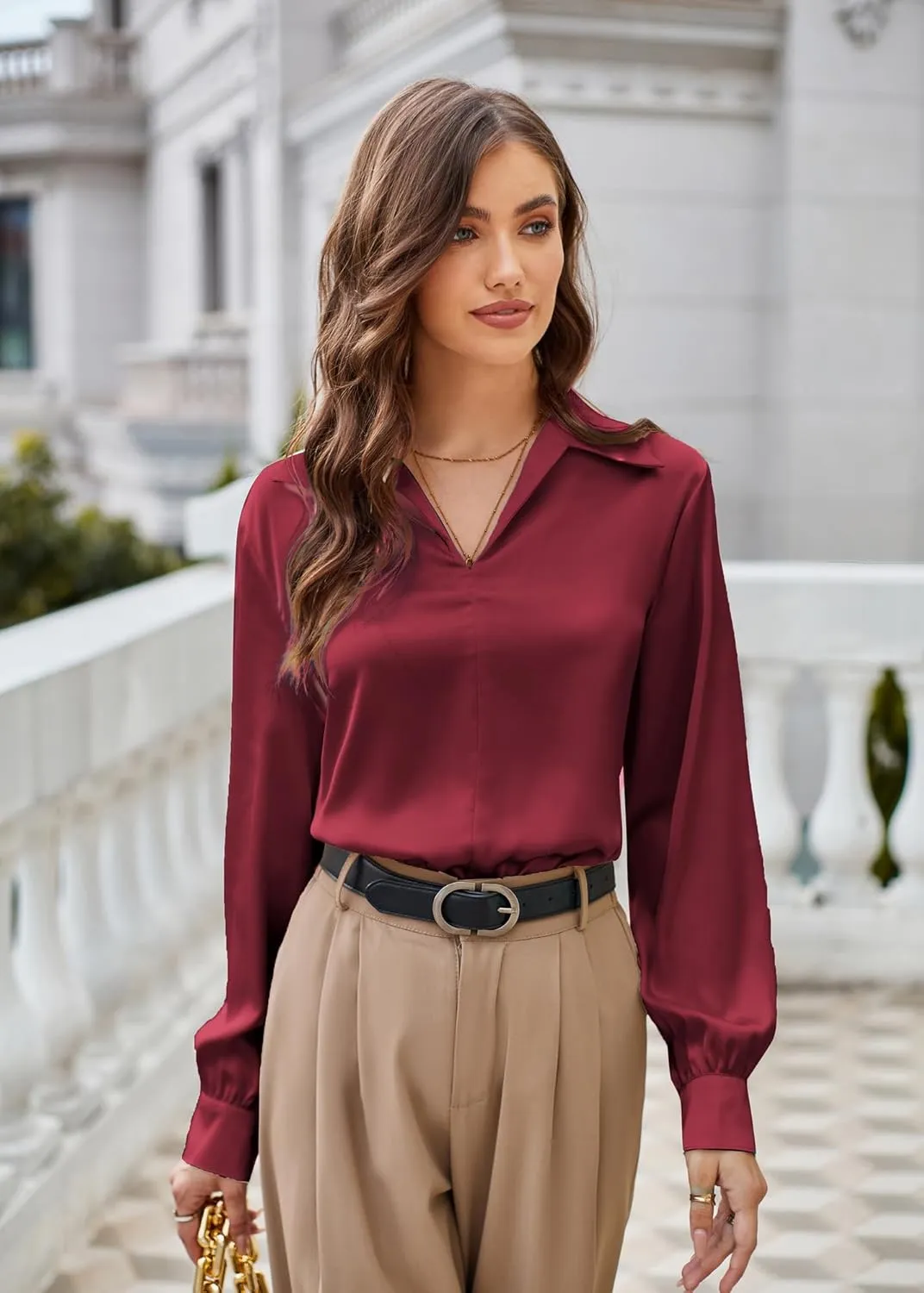 GRACE KARIN Women's Satin Silk Blouse Lapel V Neck Long Sleeve Casual Work Blouse Shirts Pullover Tops