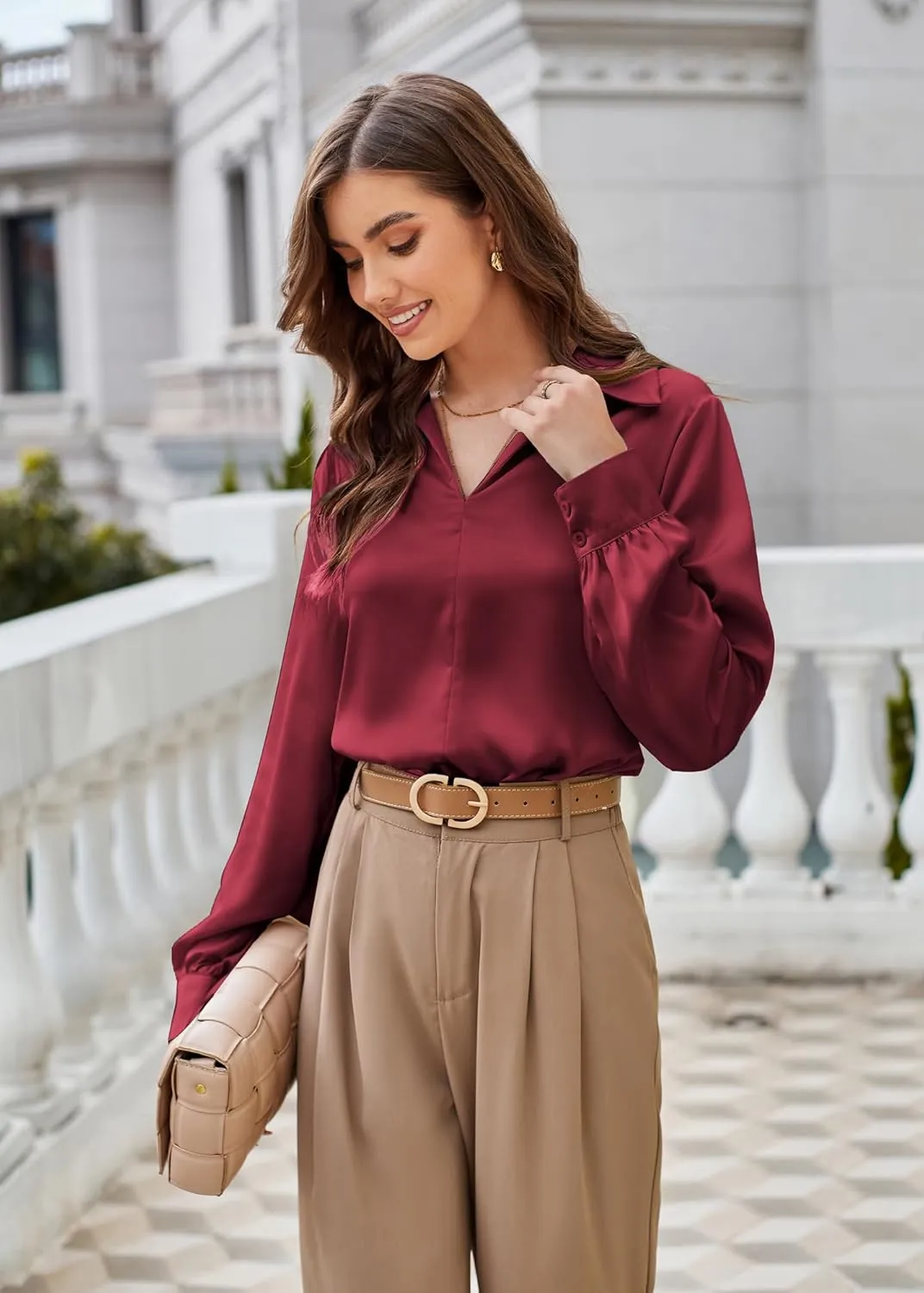 GRACE KARIN Women's Satin Silk Blouse Lapel V Neck Long Sleeve Casual Work Blouse Shirts Pullover Tops