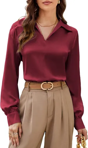 GRACE KARIN Women's Satin Silk Blouse Lapel V Neck Long Sleeve Casual Work Blouse Shirts Pullover Tops