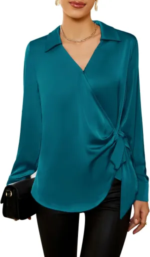 GRACE KARIN Women's Satin Silk Blouses Wrap V Neck Shirts Long Sleeve Elegant Tie Waist Office Formal Work Tunic PulloverTops