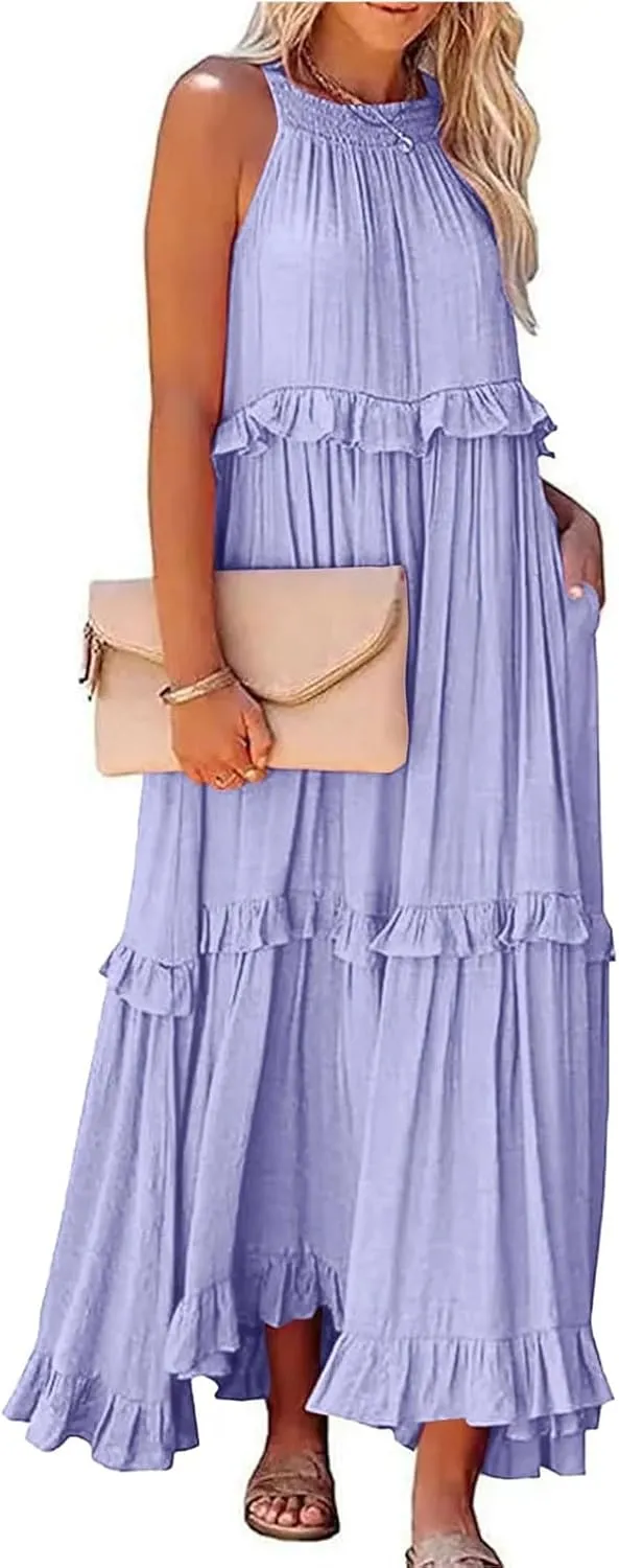 Halter Dresses for Women Smocked Tiered Flowy Swing Maxi Dresses Summer Cocktail Formal Wedding Guest Dress w/Pockets