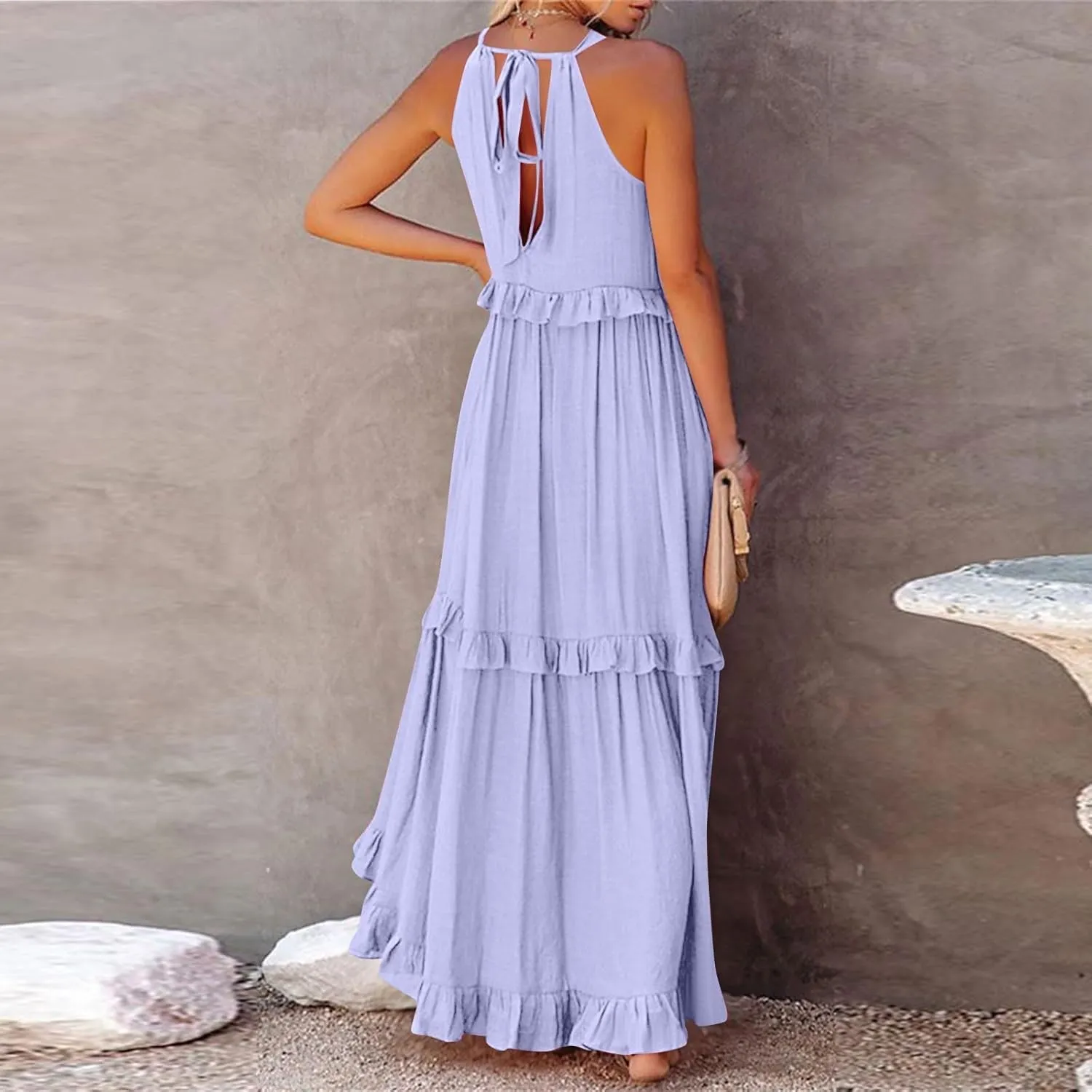 Halter Dresses for Women Smocked Tiered Flowy Swing Maxi Dresses Summer Cocktail Formal Wedding Guest Dress w/Pockets