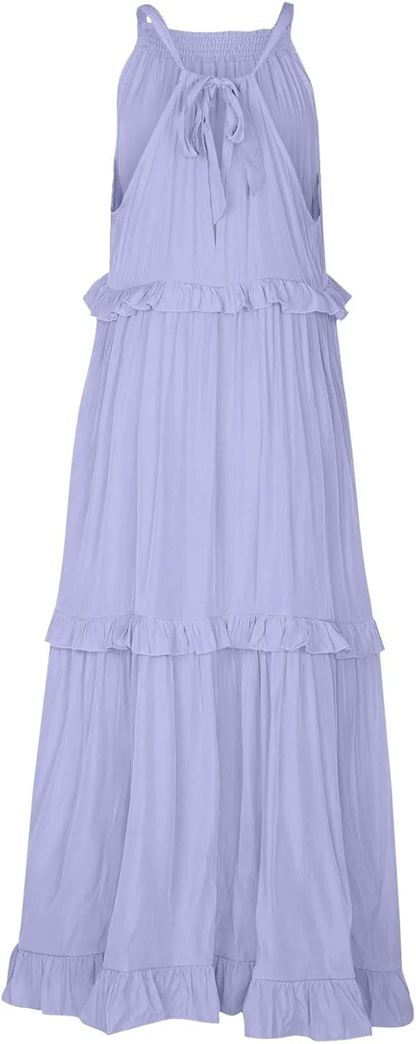 Halter Dresses for Women Smocked Tiered Flowy Swing Maxi Dresses Summer Cocktail Formal Wedding Guest Dress w/Pockets