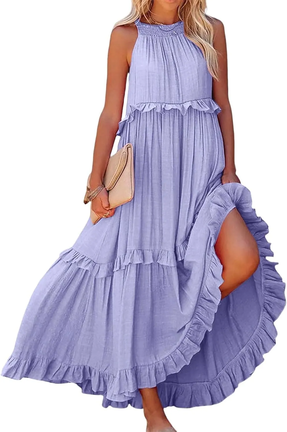 Halter Dresses for Women Smocked Tiered Flowy Swing Maxi Dresses Summer Cocktail Formal Wedding Guest Dress w/Pockets