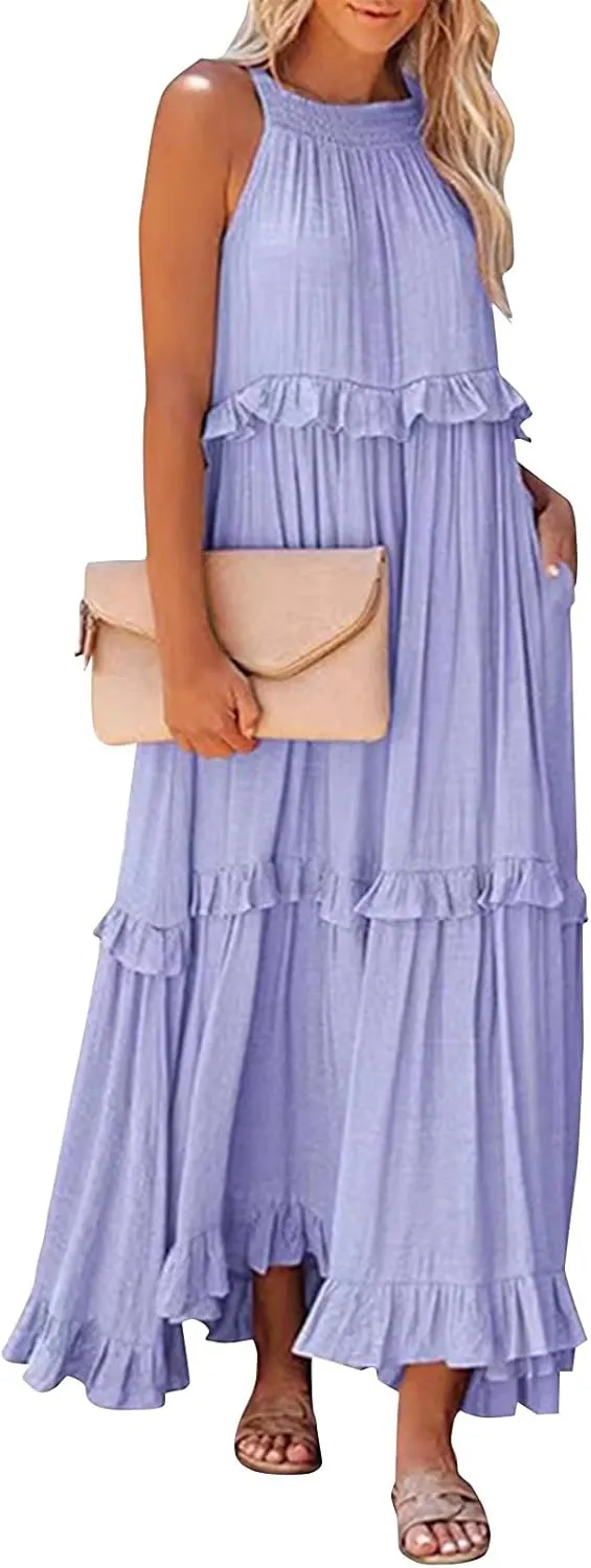 Halter Dresses for Women Smocked Tiered Flowy Swing Maxi Dresses Summer Cocktail Formal Wedding Guest Dress w/Pockets