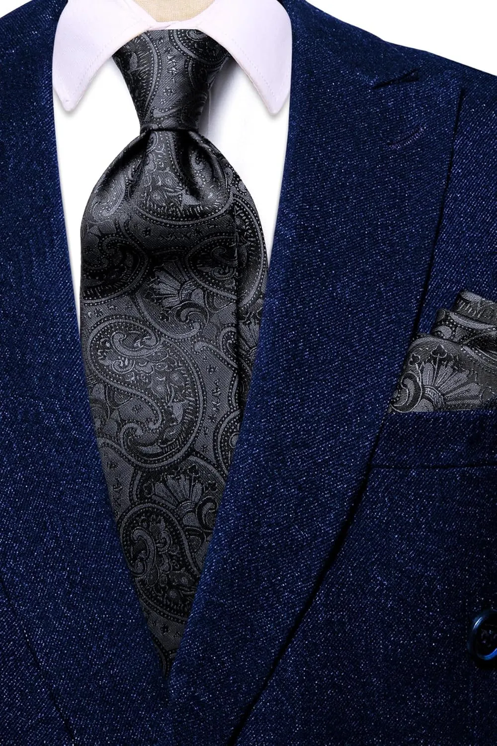 Hi-Tie Men 63inches Tie Set Extra Long Necktie Paisley Tie Pocket Suqare Cufflinks Big and Tall Men Tie