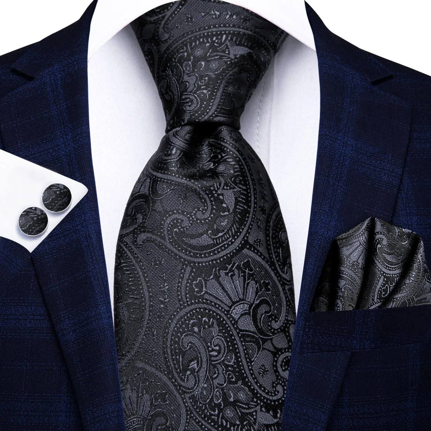 Hi-Tie Men 63inches Tie Set Extra Long Necktie Paisley Tie Pocket Suqare Cufflinks Big and Tall Men Tie