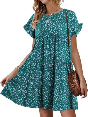 Imysty Womens Boho Floral Ruffle Sleeve Babydoll Loose Flowy Casual Summer Pleated Mini Dress
