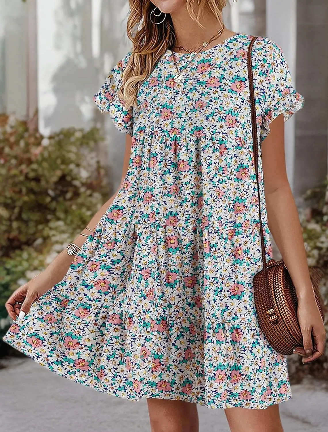 Imysty Womens Boho Floral Ruffle Sleeve Babydoll Loose Flowy Casual Summer Pleated Mini Dress