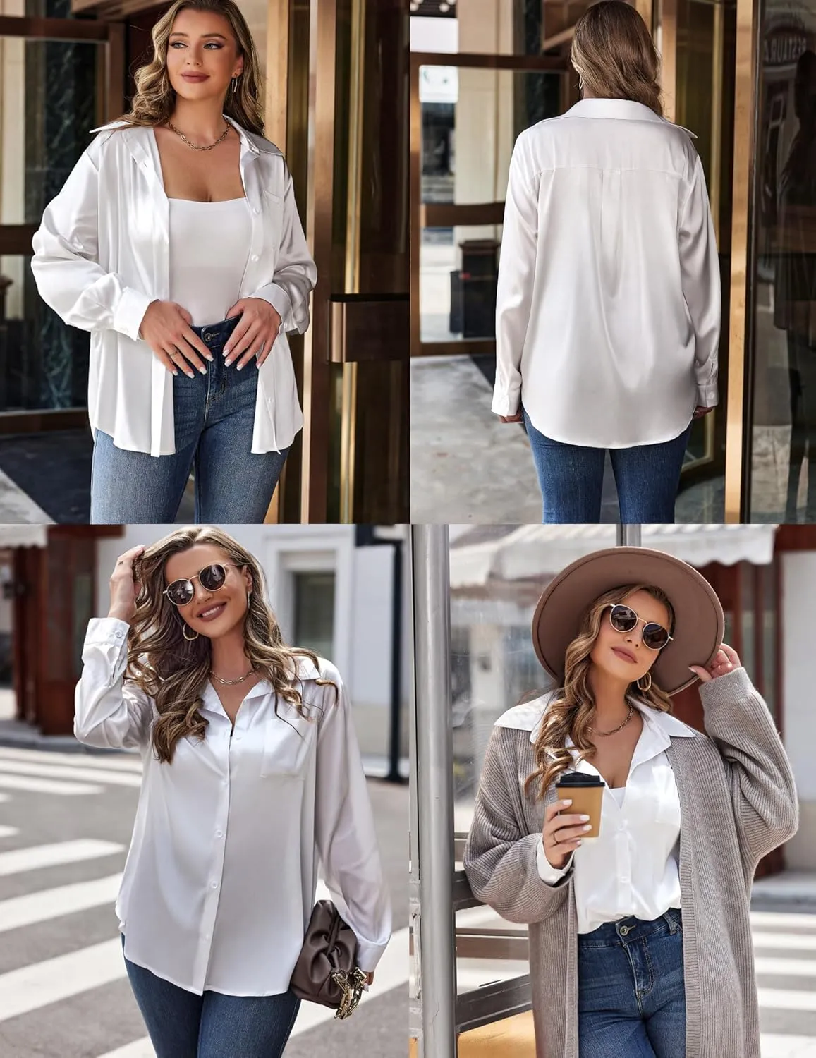 IN'VOLAND Womens Plus Size Satin Silk Button Down Shirt V Neck Long Sleeve Casual Collared Work Blouse Tops with Pocket